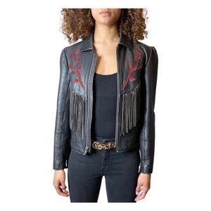 Original 1970's Rare Vintage Black Leather Fringed Red Rose Biker Moto Jacket
